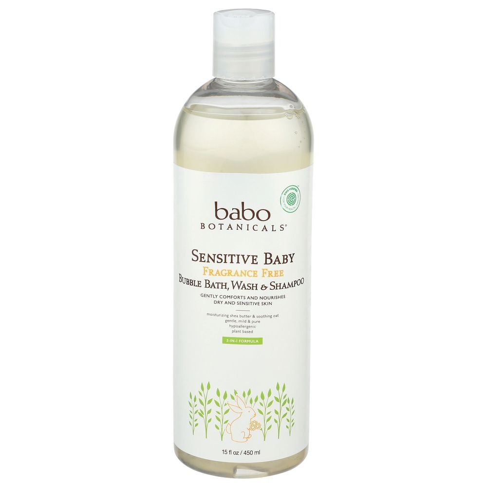 Babo Botanical Sensitive Baby Fragrance Free Bubble Bath Wash, 15 Ounce