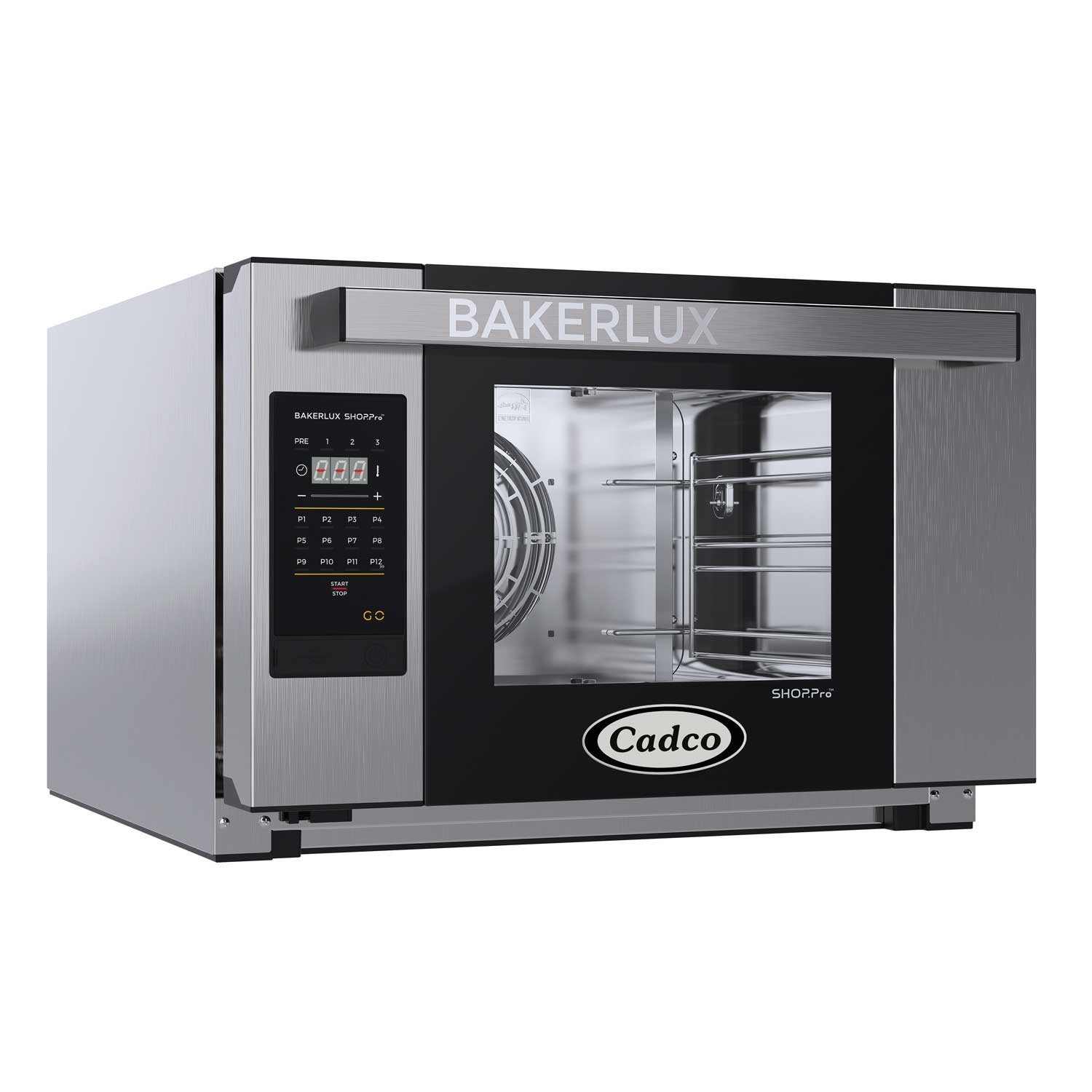 Cadco Bakerlux GO Panel Half Size 3 Shelf Heavy-Duty Stainless Steel Convection Oven with Digital Controls, 23 5/8 x 16 5/8 x 29 inch