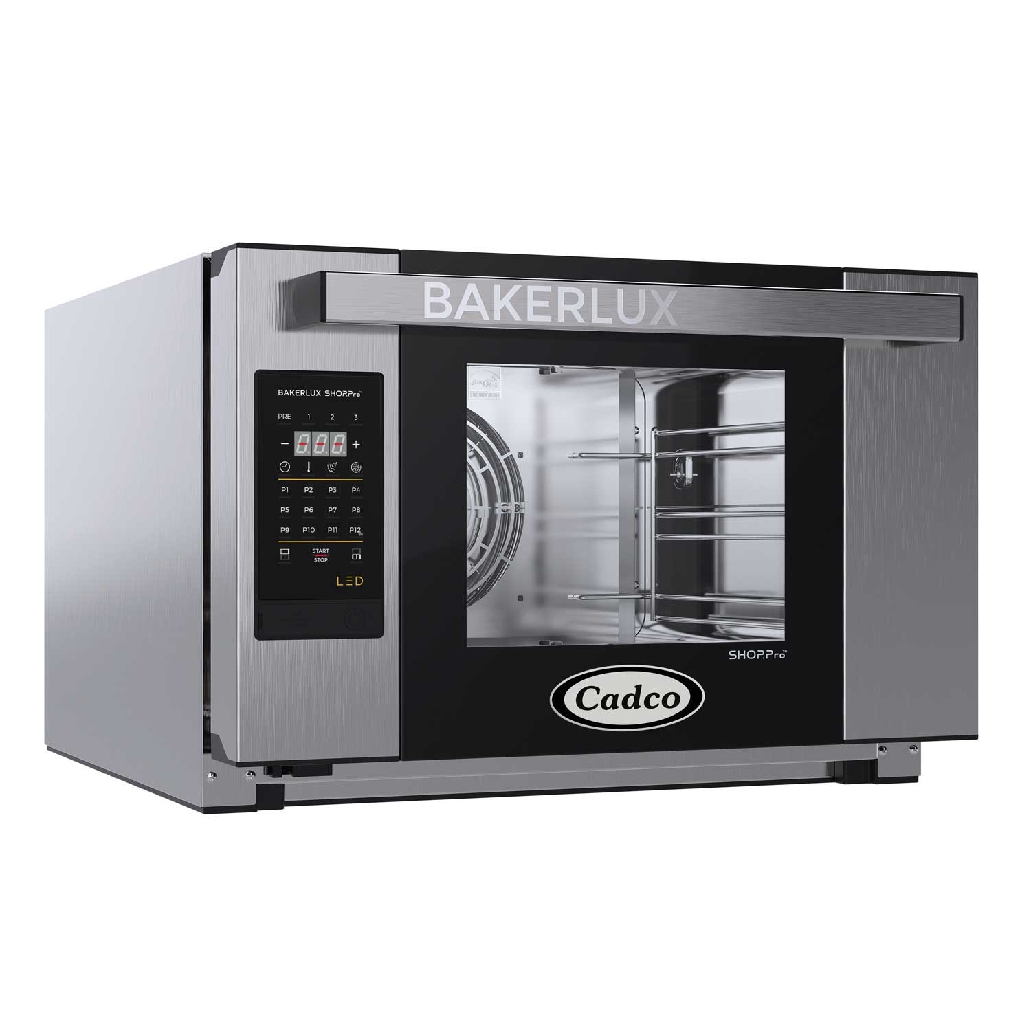 Cadco Bakerlux LED Panel Half Size 3 Shelf Heavy-Duty Stainless Steel Convection Oven with Digital Controls and Humidity, 23 5/8 x 16 5/8 x 29 inch
