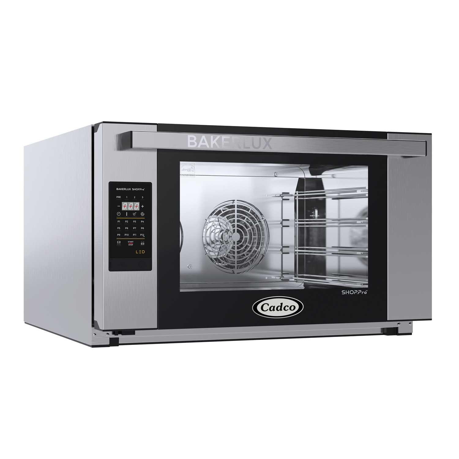 Cadco Bakerlux LED Panel Full Size 4 Shelf Heavy-Duty Stainless Steel Convection Oven with Digital Controls and Humidity, 31 1/2 x 19 5/8 x 35 1/2 inch