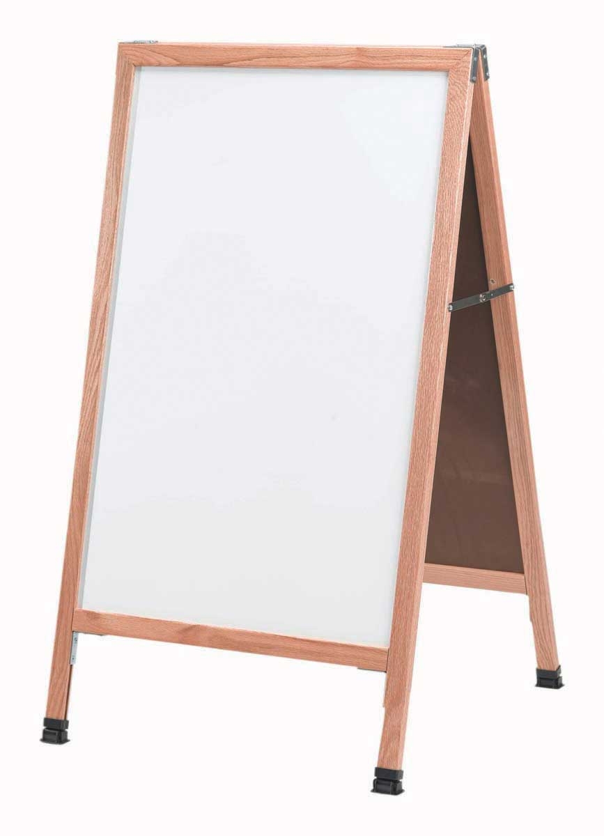 Aarco Solid Oak Wood A-Frame Sidewalk White Melamine Markerboard, 42 x 24 inch