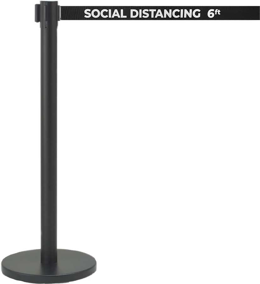 Aarco Form-A-Line (TM) Black Finish Crowd Control System with Double Sided Printed Social Distancing 6 ft Black Belt