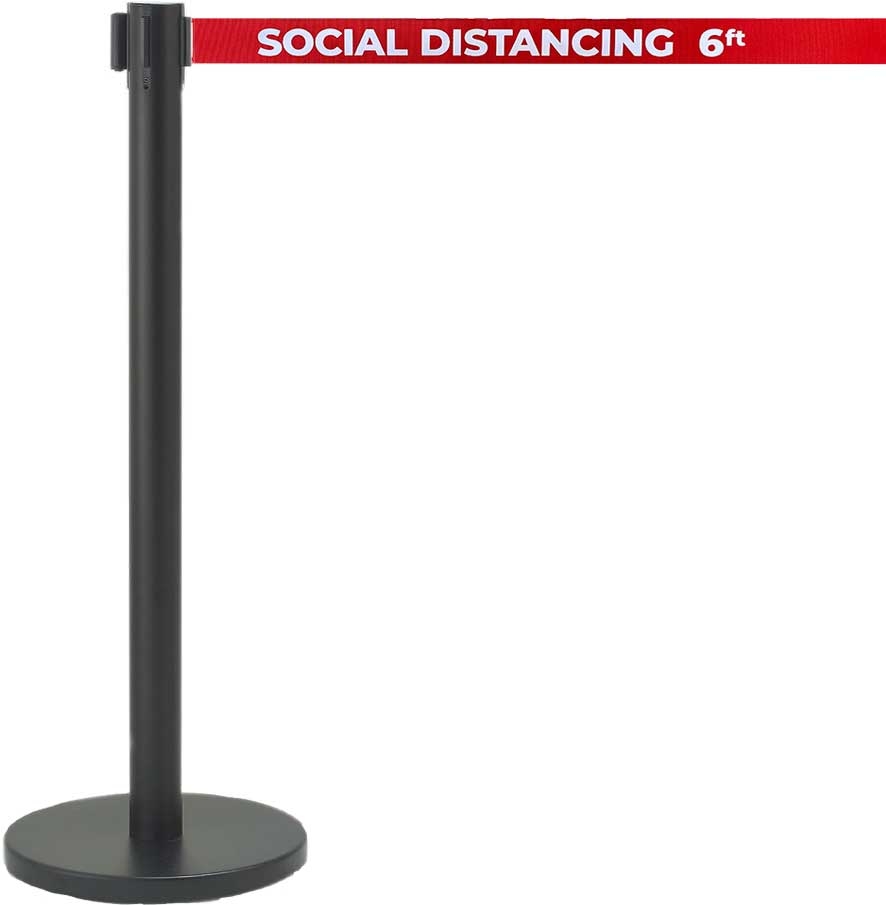 Aarco Form-A-Line (TM) Black Finish Crowd Control System with Double Sided Printed Social Distancing 6 ft Red Belt
