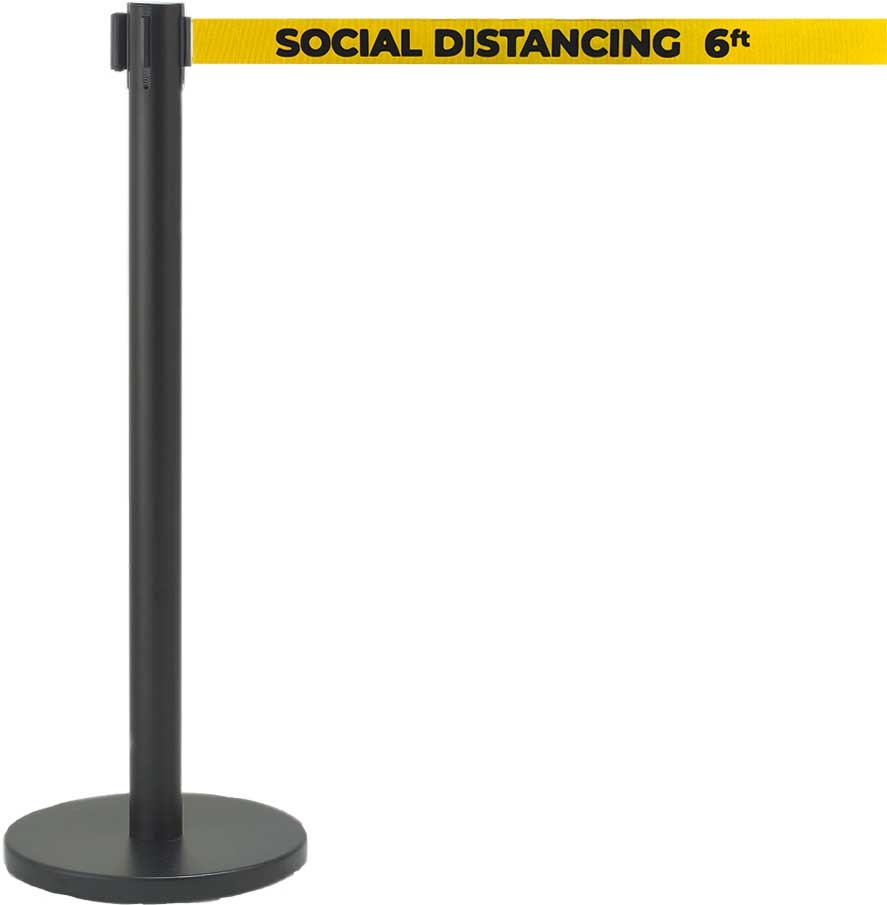 Aarco Form-A-Line (TM) Black Finish Crowd Control System with Double Sided Printed Social Distancing 6 ft Yellow Belt