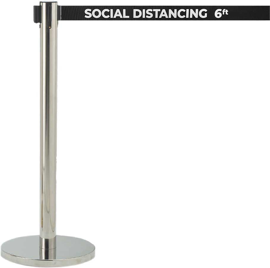 Aarco Form-A-Line (TM) Chrome Finish Crowd Control System with Double Sided Printed Social Distancing 6 ft Black Belt