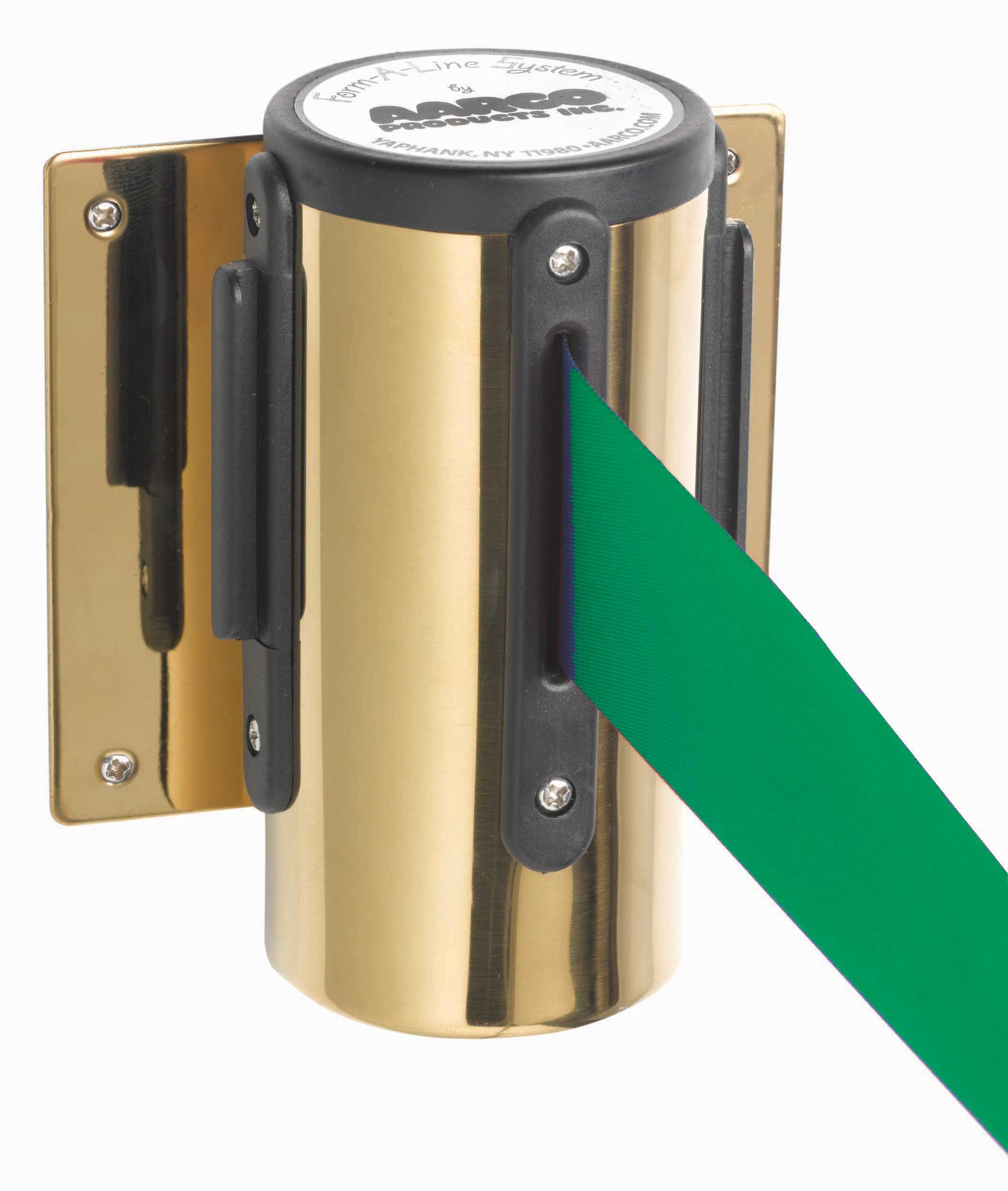 Aarco Form-a-line (tm) Brass Finish Wall Mounted Crowd Control System With 7 Feet Retractable Green Belt