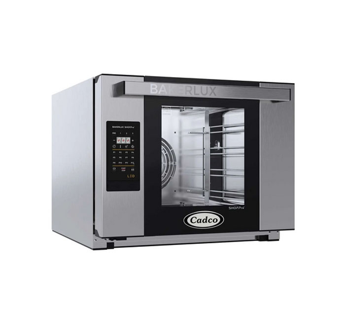 Cadco Bakerlux LED Panel Half Size 4 Shelf Heavy-Duty Stainless Steel Countertop Convection Oven with Digital Controls and Humidity, 23 5/8 x 19 5/8 x 29 inch