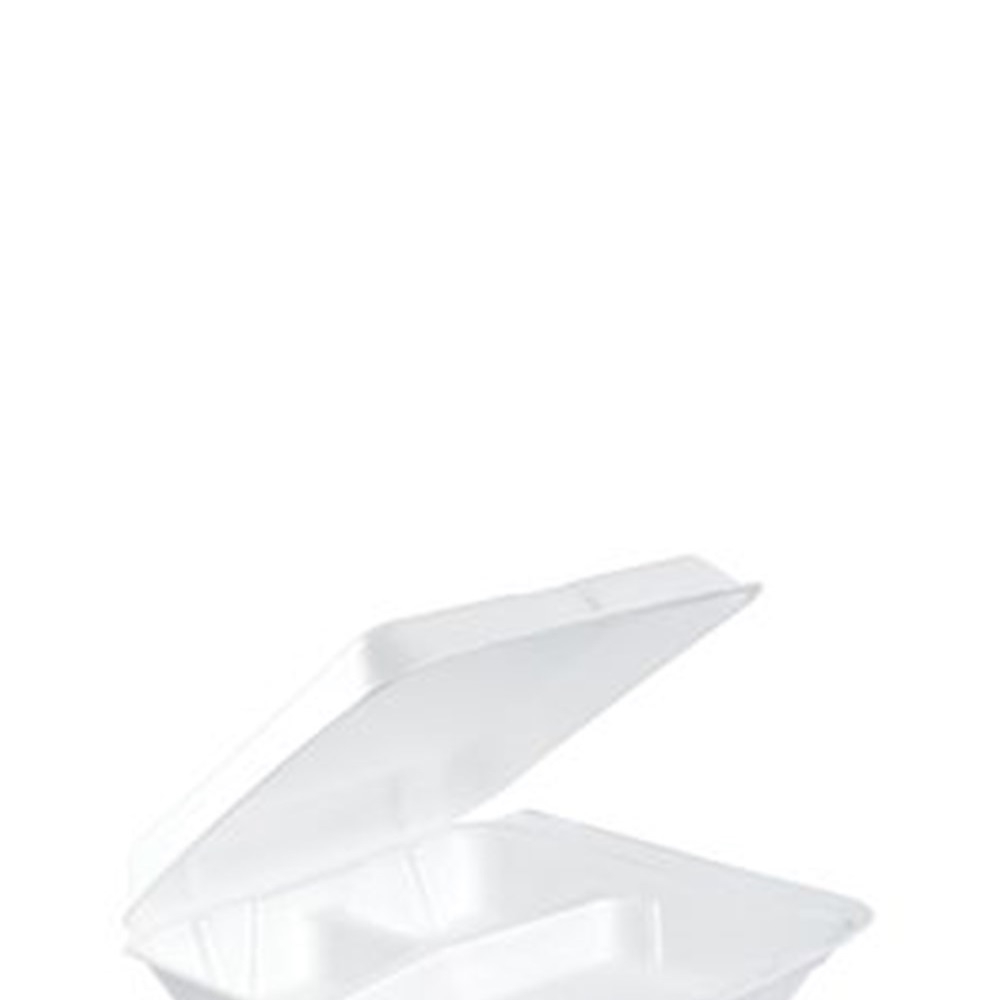 Dart Container Small White EPS 3 Compartment Container with Hinged Lid, 8 x 7.5 x 2.3 inch -- 200 per case