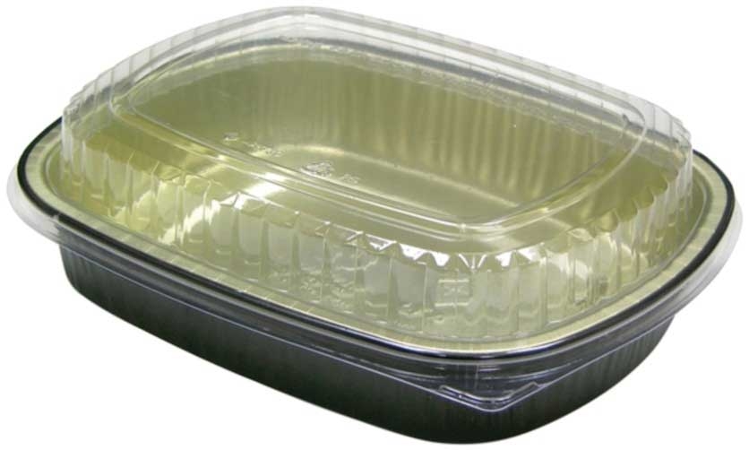 Pactiv Small Black and Gold Base Aluminum Carry Out Container with Clear Dome Lid, 46 Ounce Capacity -- 50 per case