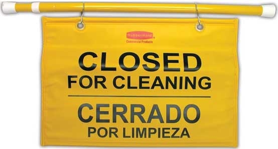 Rubbermaid Multilingual Yellow Closed For Cleaning Hanging Doorway Safety Sign, 28 To 50 Inch
