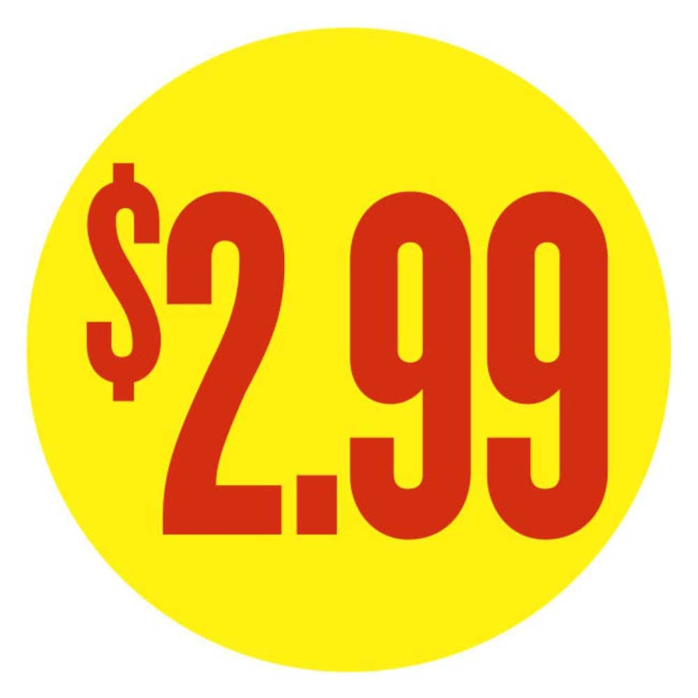 Bollin Label Yellow with Red Print $2.99 Circle Label, 2 x 2 inch - 1000 per roll