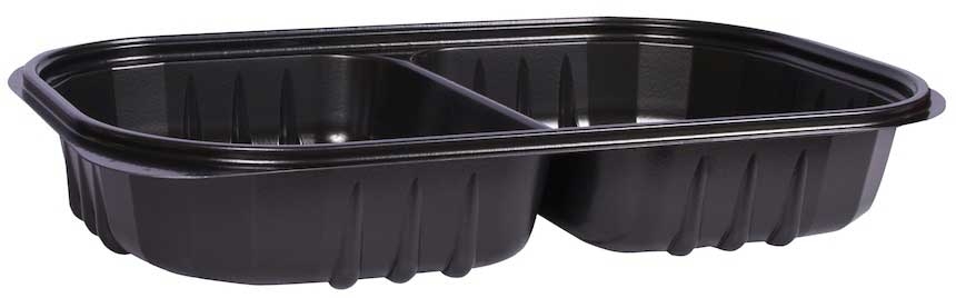 Sabert CPET Black 2 Compartment Large Rectangle Tray, 12 x 7 inch -- 150 per case