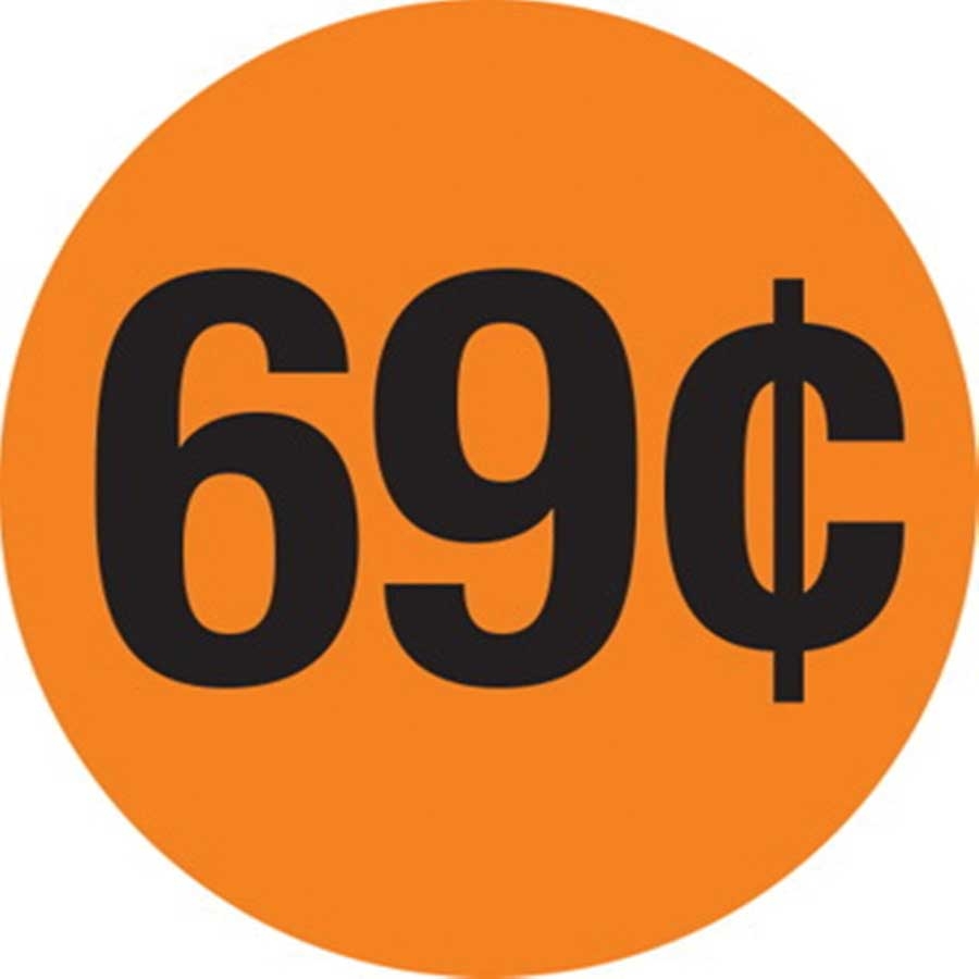 Adhesive Label Circle Red Glo Black Print .69 Cents Label, 1.5 inch -- 1000 per roll