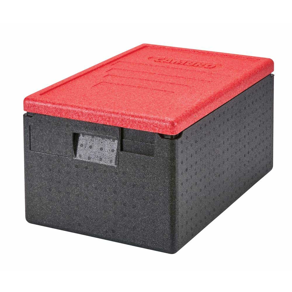 Cambro Cam GoBox Black Insulated Top Loading Food Pan Carrier with Red Lid, 23.6 x 15.7 x 12.4 inch