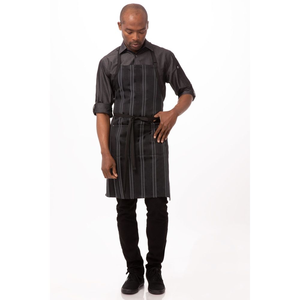 Chef Works Black Gray Presidio Bib Apron, 34 inch Long x 30 inch Wide