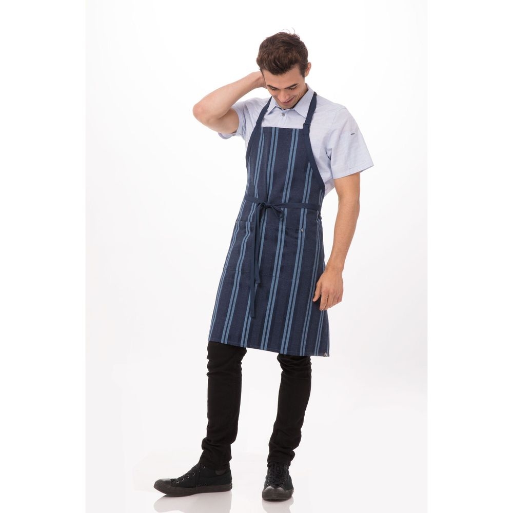 Chef Works Navy Blue Presidio Bib Apron, 34 inch Long x 30 inch Wide