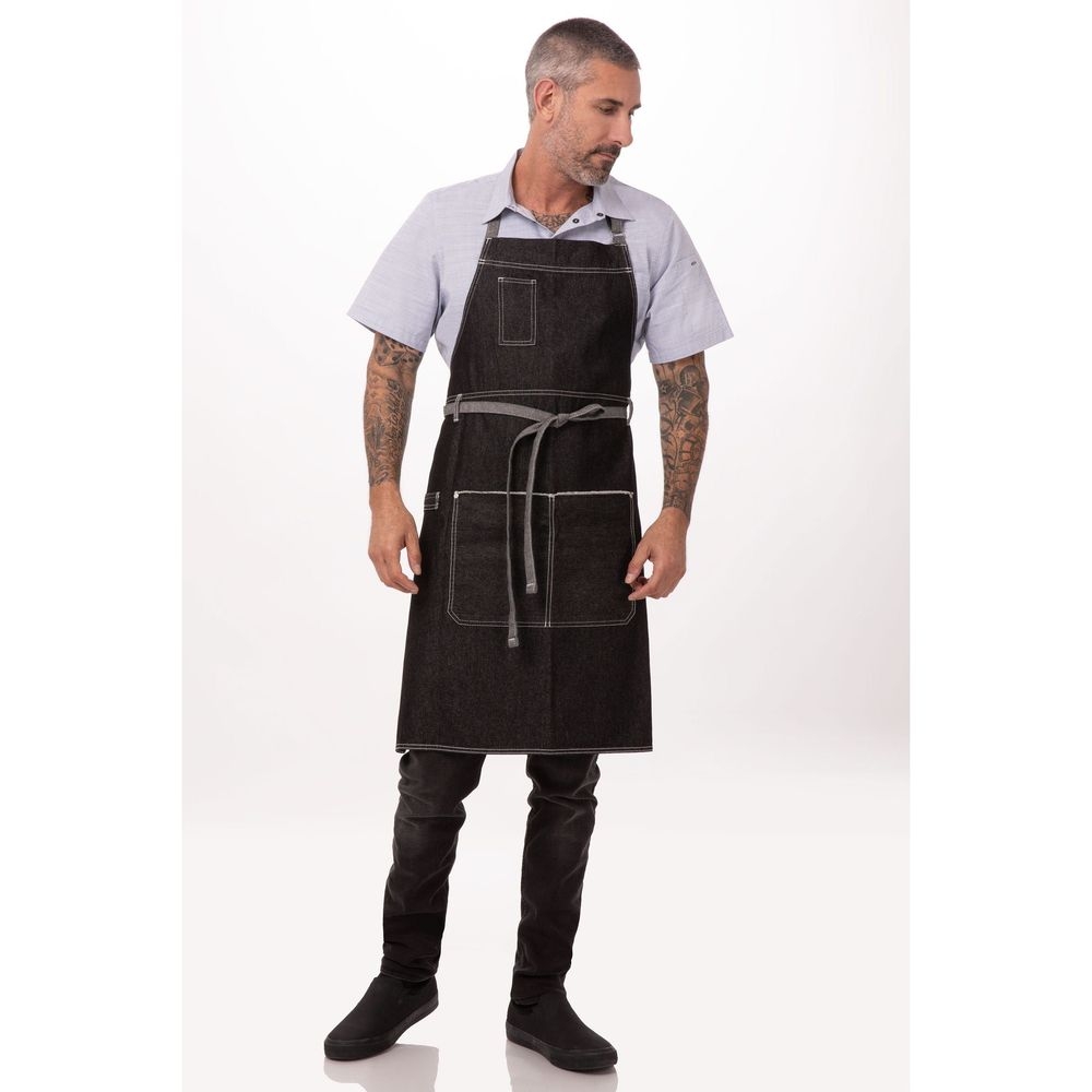 Chef Works Black Bronx Bib Apron, 34 inch Long x 30 inch Wide