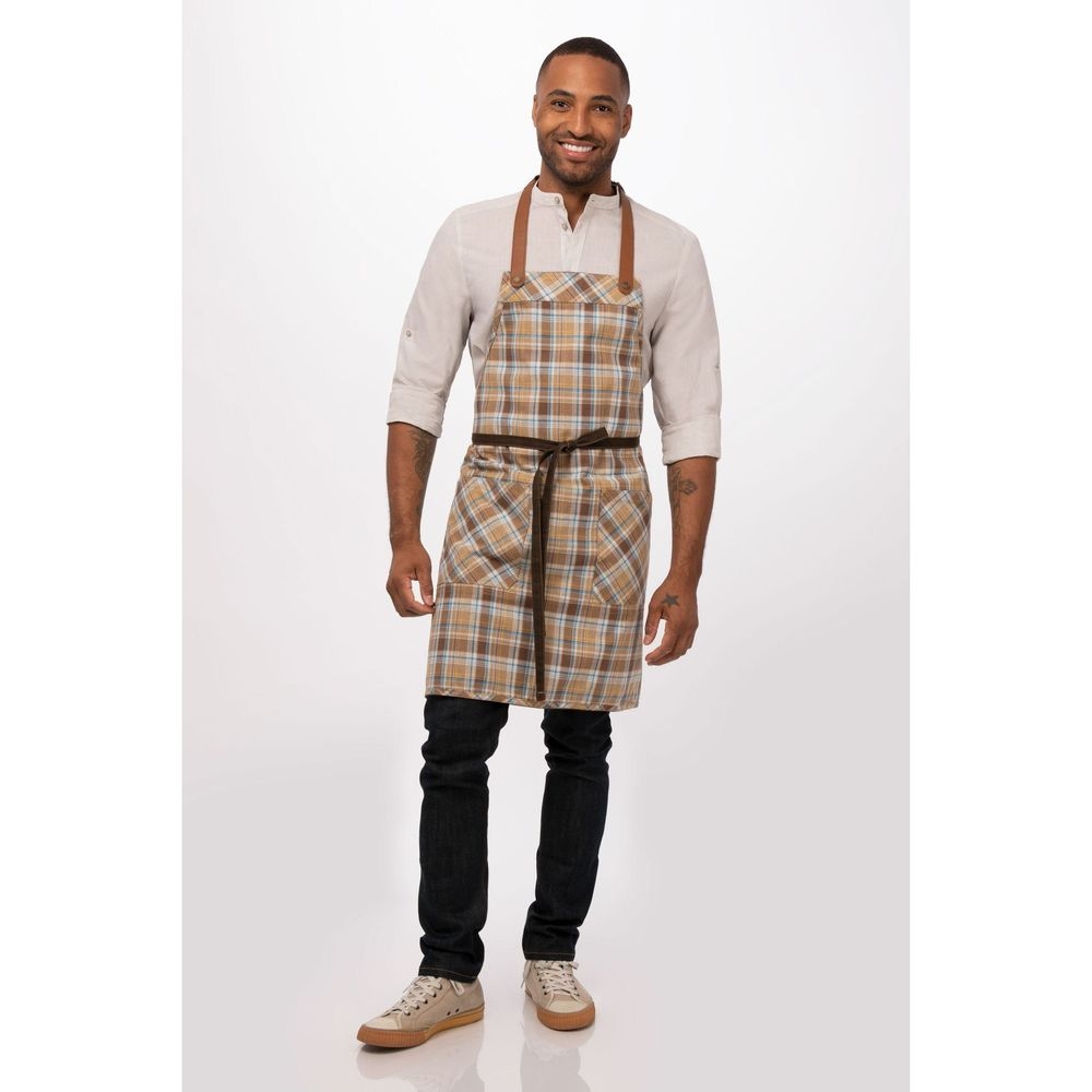 Chef Works Brown Olympia Bib Apron for Unisex, 32.1 inch Long x 36.7 inch Wide