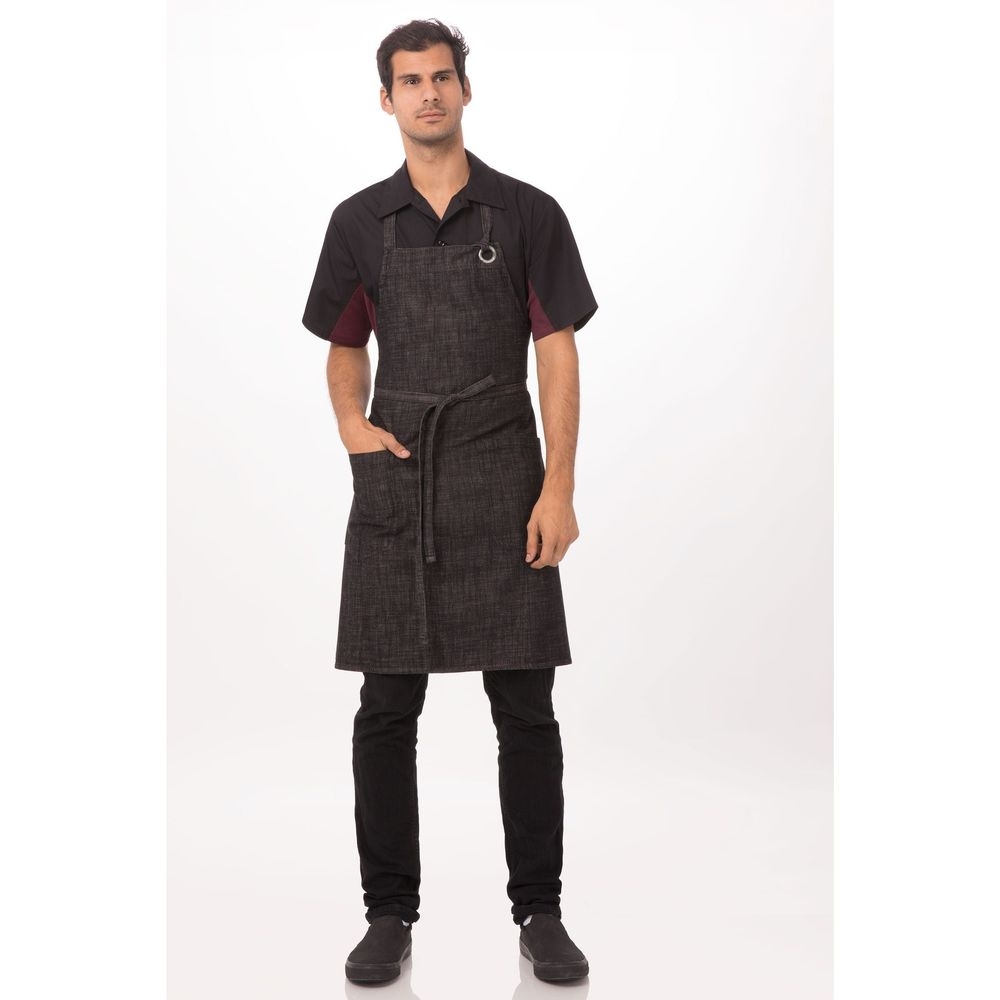 Chef Works Black Burgundy Corvallis Bib Apron, 34 inch Long x 30 inch Wide
