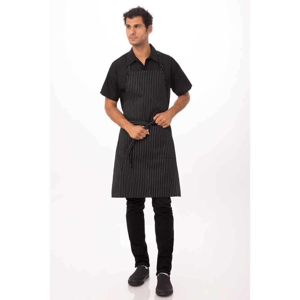 Chef Works Black with White Pinstripe Adjustable Bib Apron, 34 inch Long x 27 inch Wide