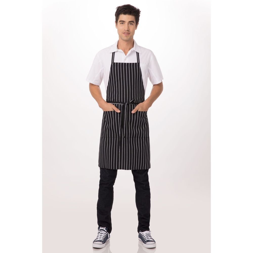 Chef Works Black with Chalk Stripe Bib Apron, 34.25 inch Long x 27 inch Wide