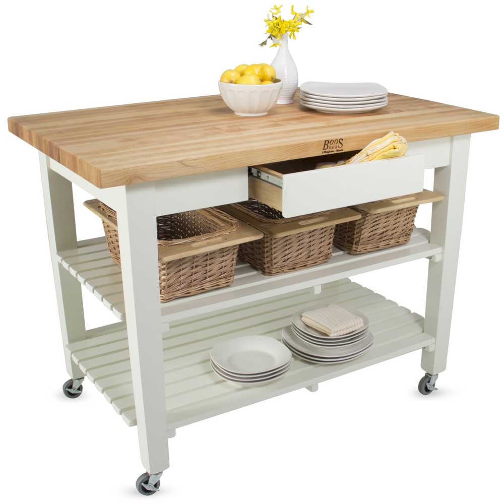 John Boos Cream Finish Barn Red Base Maple Classic Country Work Table with Two Shelves, 36 x 24 x 1.75 inch.
