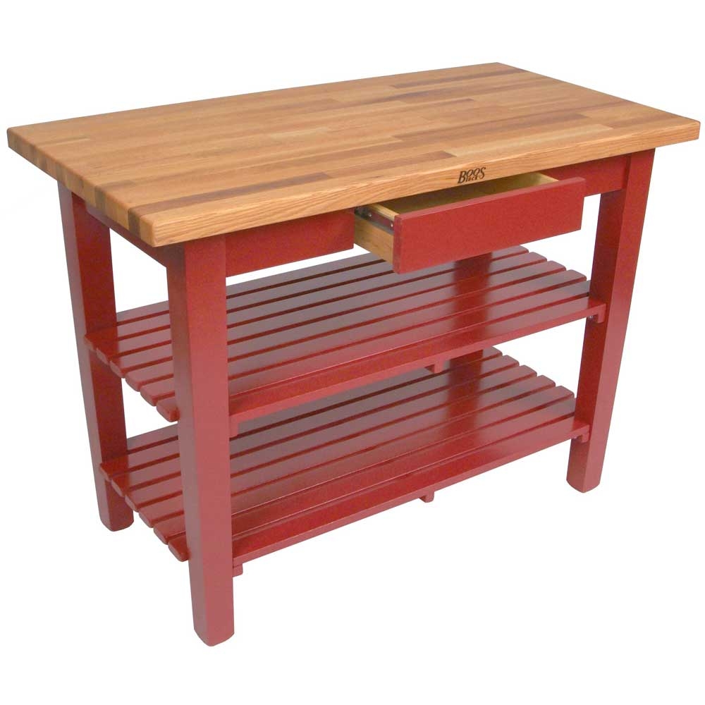 John Boos Natural Base Cream Finish Red Oak Finger Jointed Top C Table with Drawer and Two Shelves, 60 x 36 x 1.5 inch.