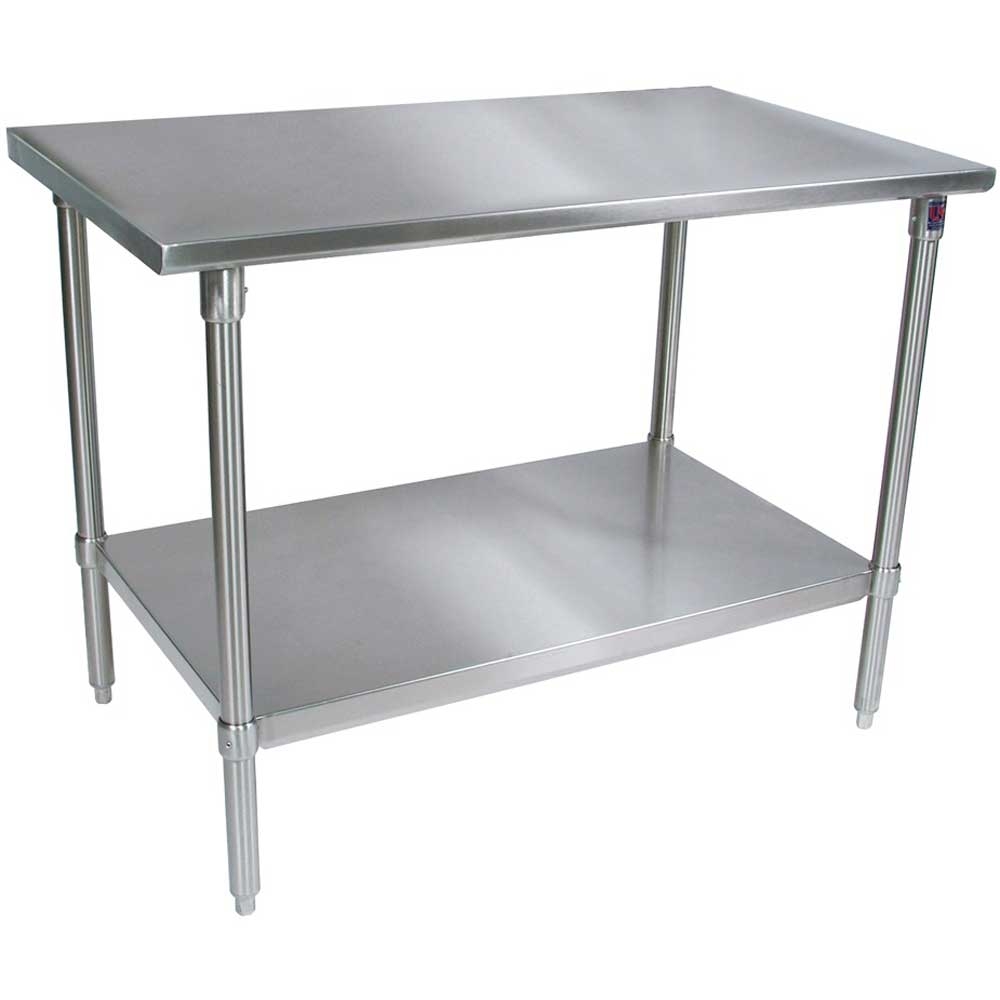 John Boos 16 Gauge Stainless Steel Flat Top Work Table with Base and Shelf, 96 x 36 inch.