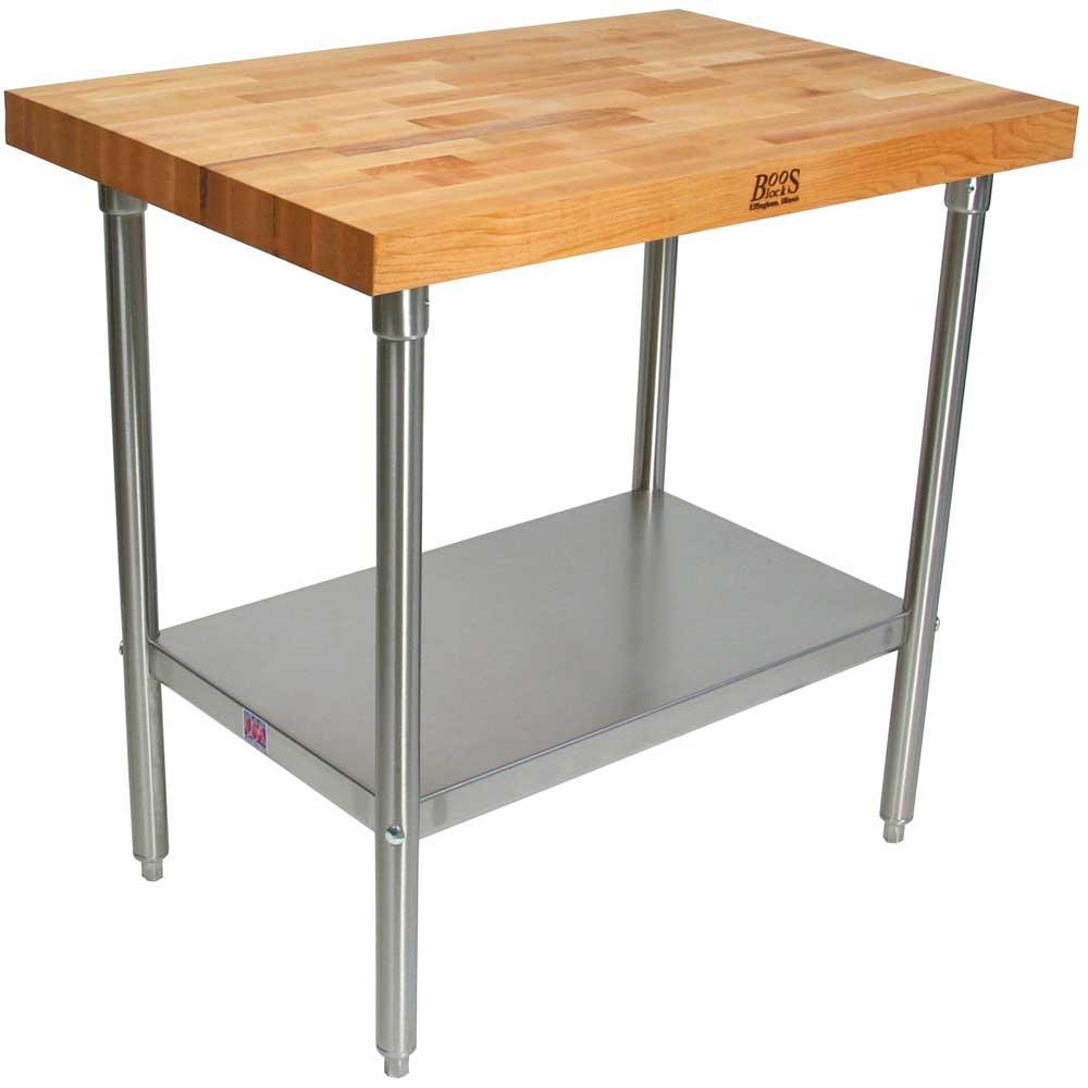 John Boos Oil Finish Maple Top Work Table with Stainless Steel Base and Shelf, 120 x 36 x 2 1/4 inch.