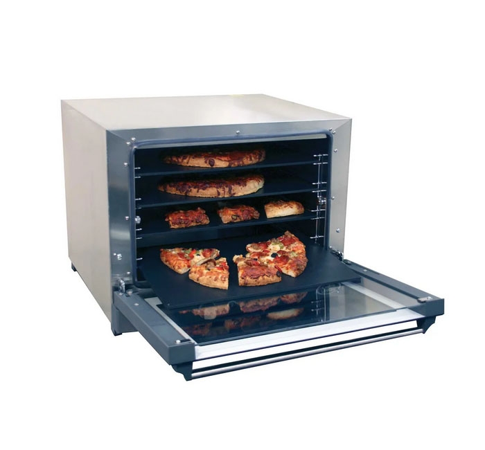 Cadco Half Size Medium Duty 4 Shelf Manual Control Stainless Steel Pizza Convection Oven, 23 5/8 x 18 5/8 x 23 3/4 inch