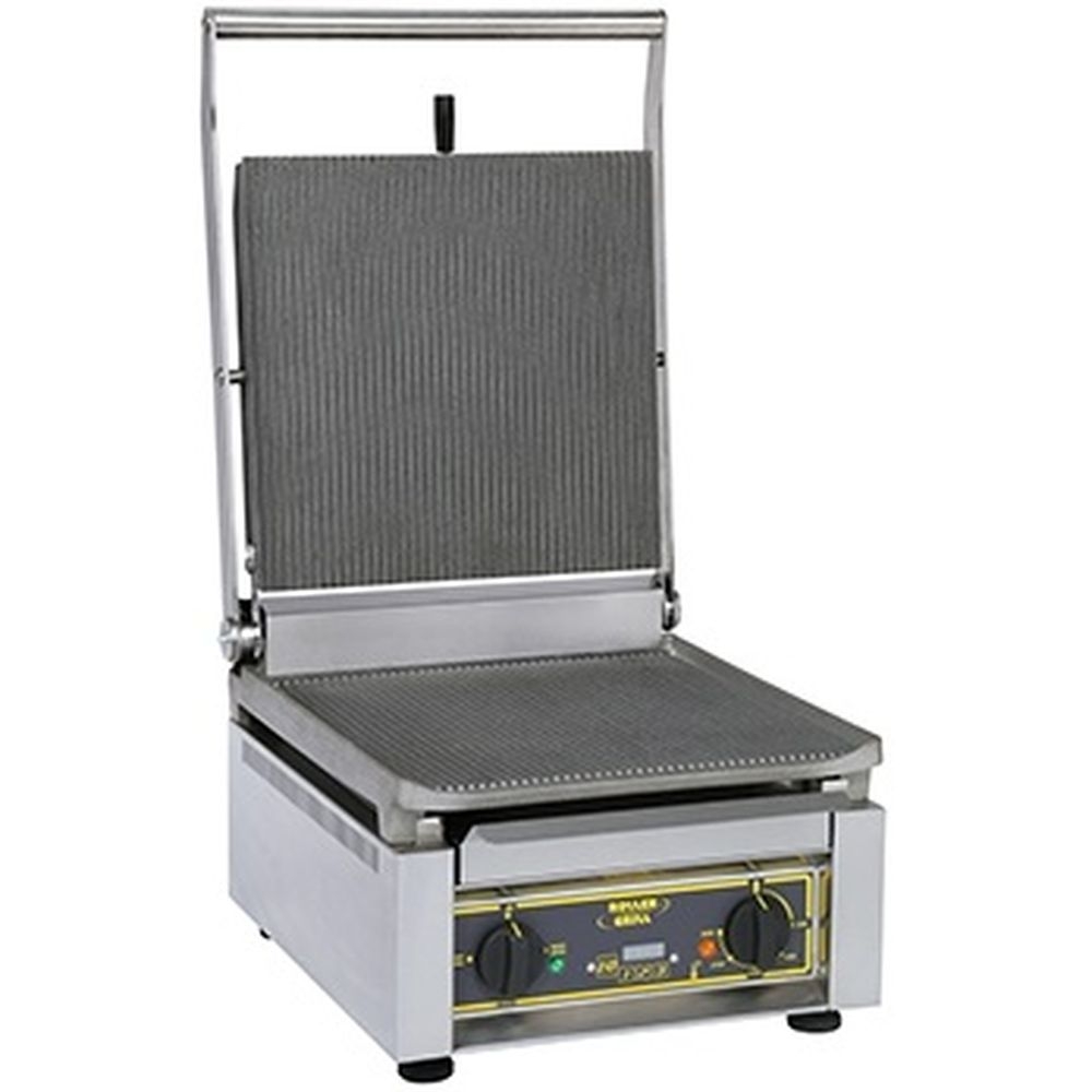 Equipex Roller Grill Cast Iron Grooved Top Electric Panini Grill, 14 x 14 inch