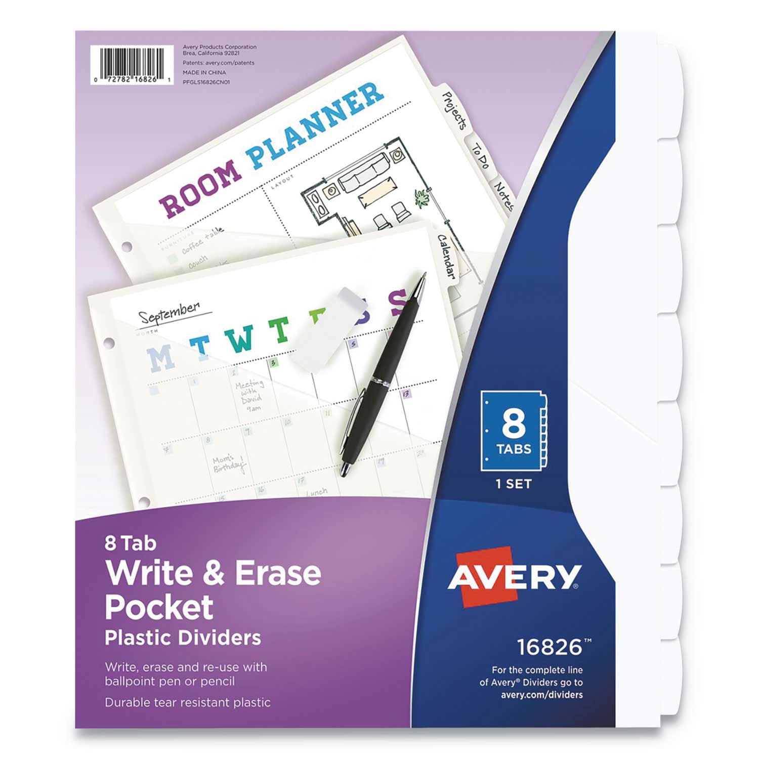 Avery 8-Tab White Write and Erase Durable Plastic Dividers with Pocket, 11.13 x 9.25 inch -- 1 set