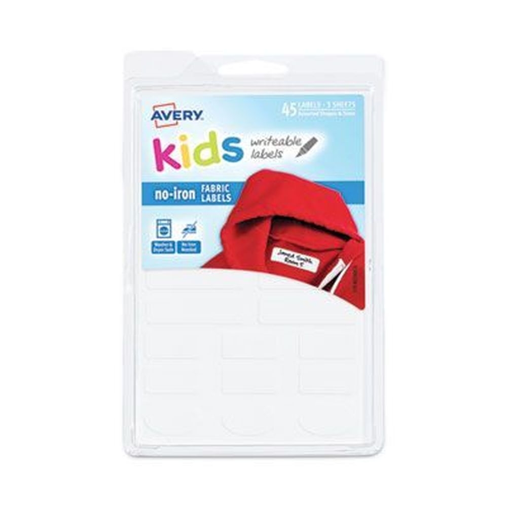 Avery Kids White No-Iron Fabric Label, 6 x 4 inch - 15 per sheet -- 3 sheets per pack