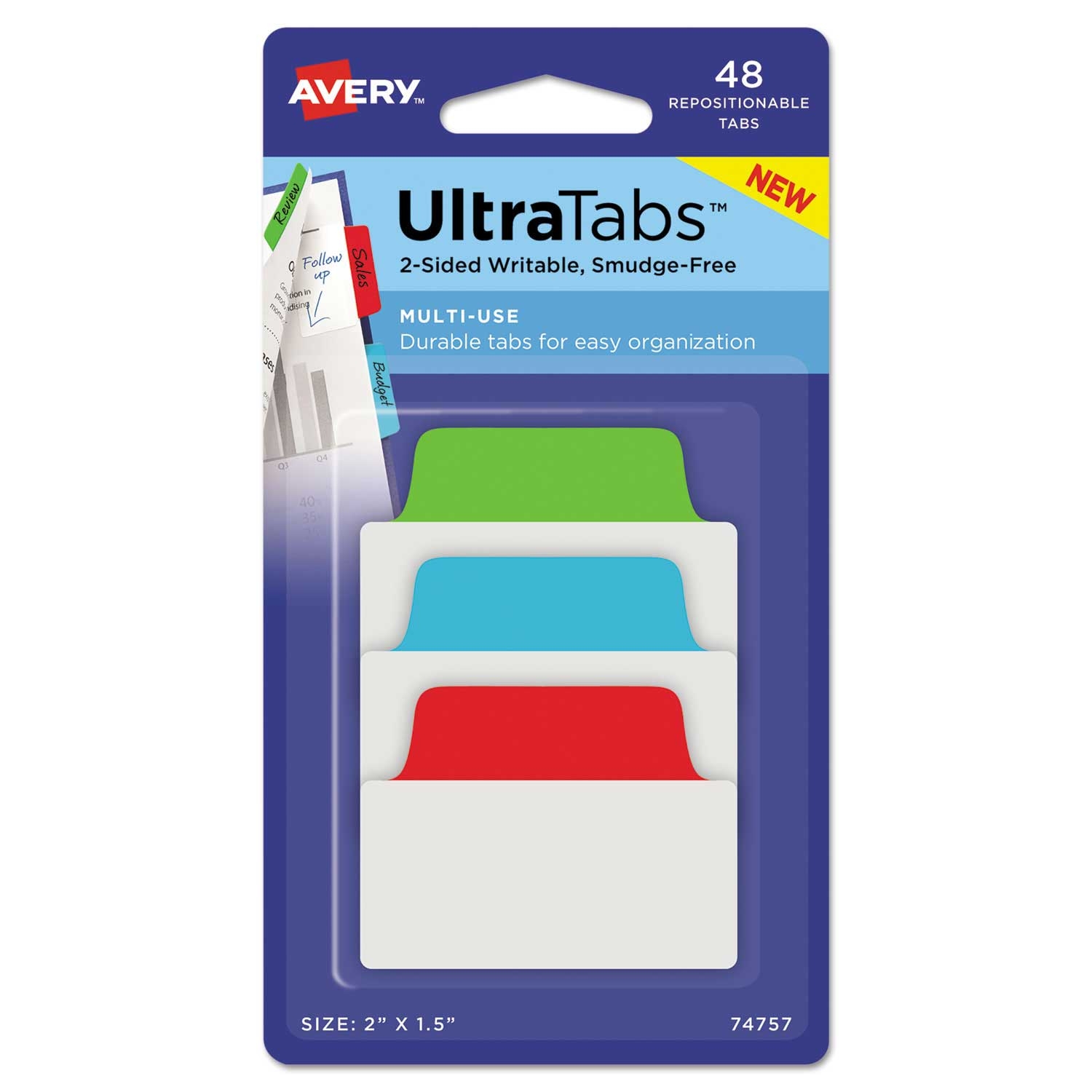 Avery Ultra Tabs Assorted Primary Colors Repositionable Standard Multiuse Design Tabs, 2 x 1.5 inch -- 48 per case