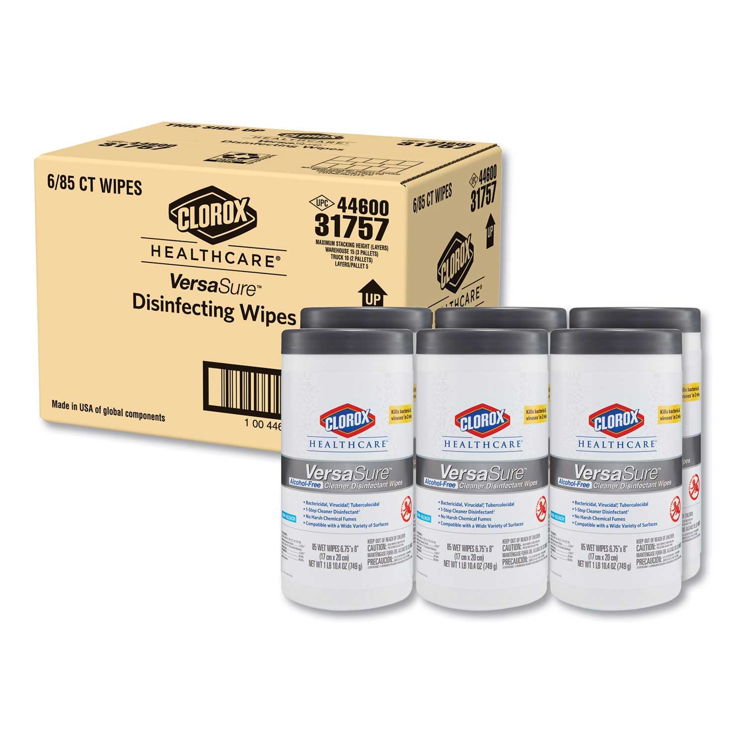 Clorox Healthcare White 1 Ply Versasure Cleaner Disinfectant Wipes, 6.75 x 8 inch - 85 per canister -- 6 canisters per case