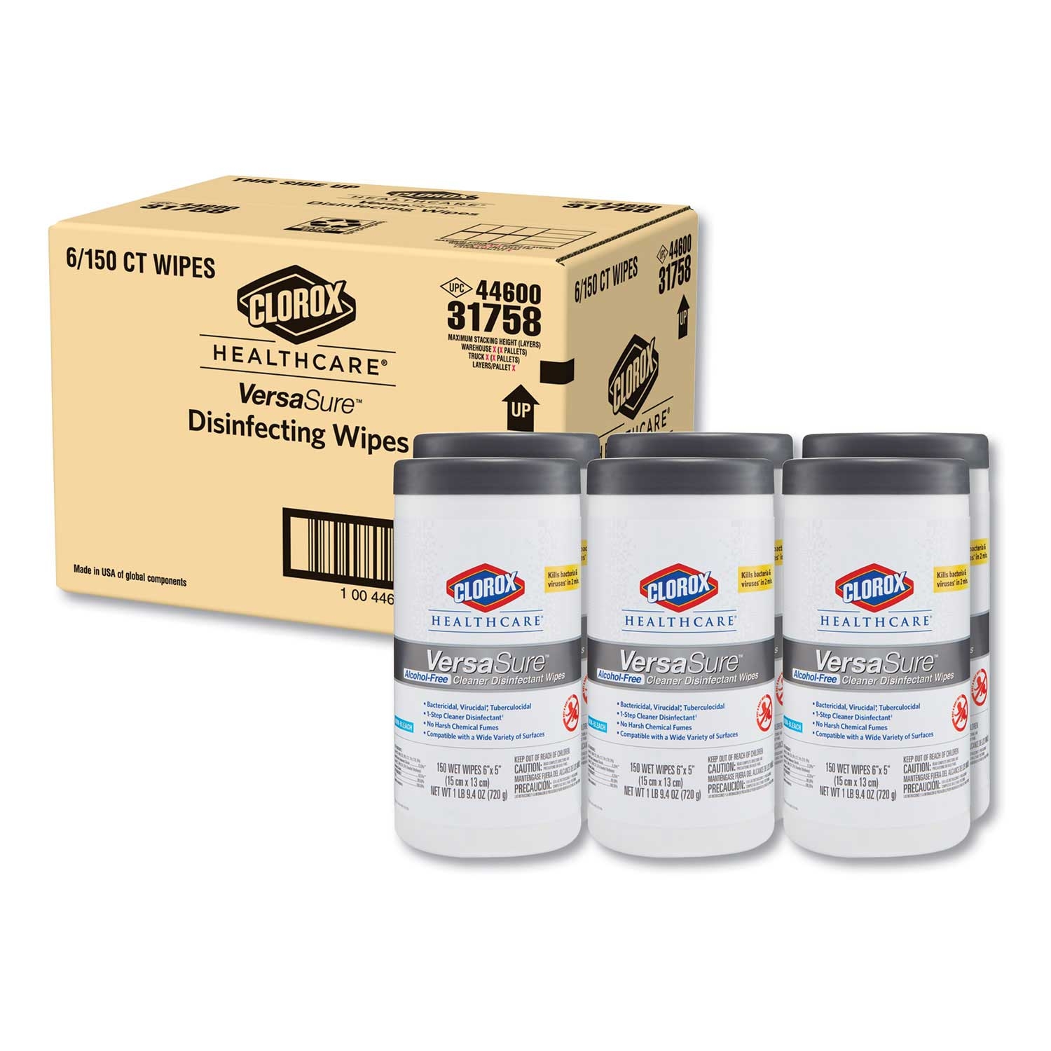 Clorox Healthcare White 1 Ply Versasure Cleaner Disinfectant Wipes, 6 3/4 x 8 inch - 150 per can -- 6 cans per case