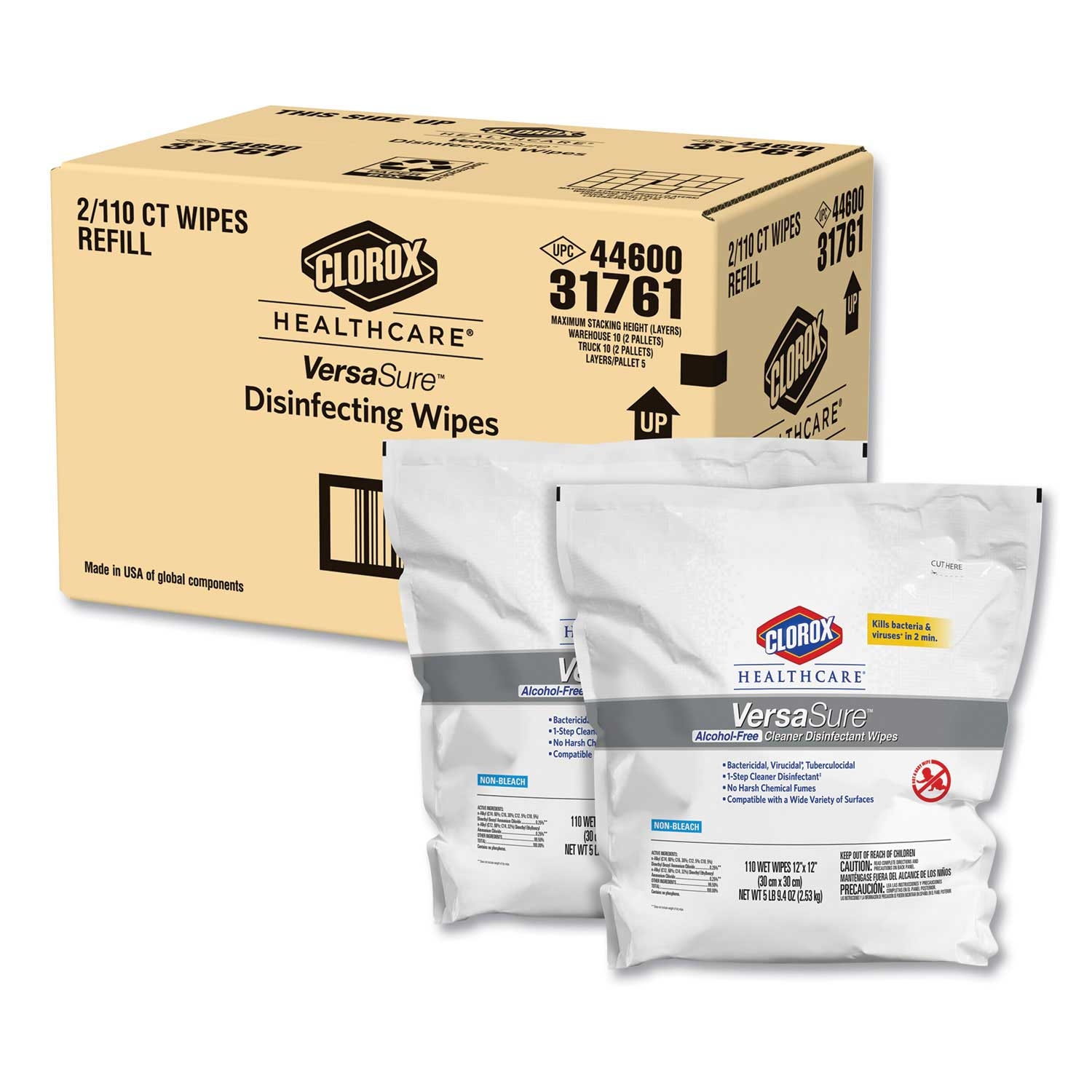Clorox Healthcare White 1 Ply Versasure Cleaner Disinfectant Wipes, 12 x 12 inch - 110 per pouch -- 2 pouches per case