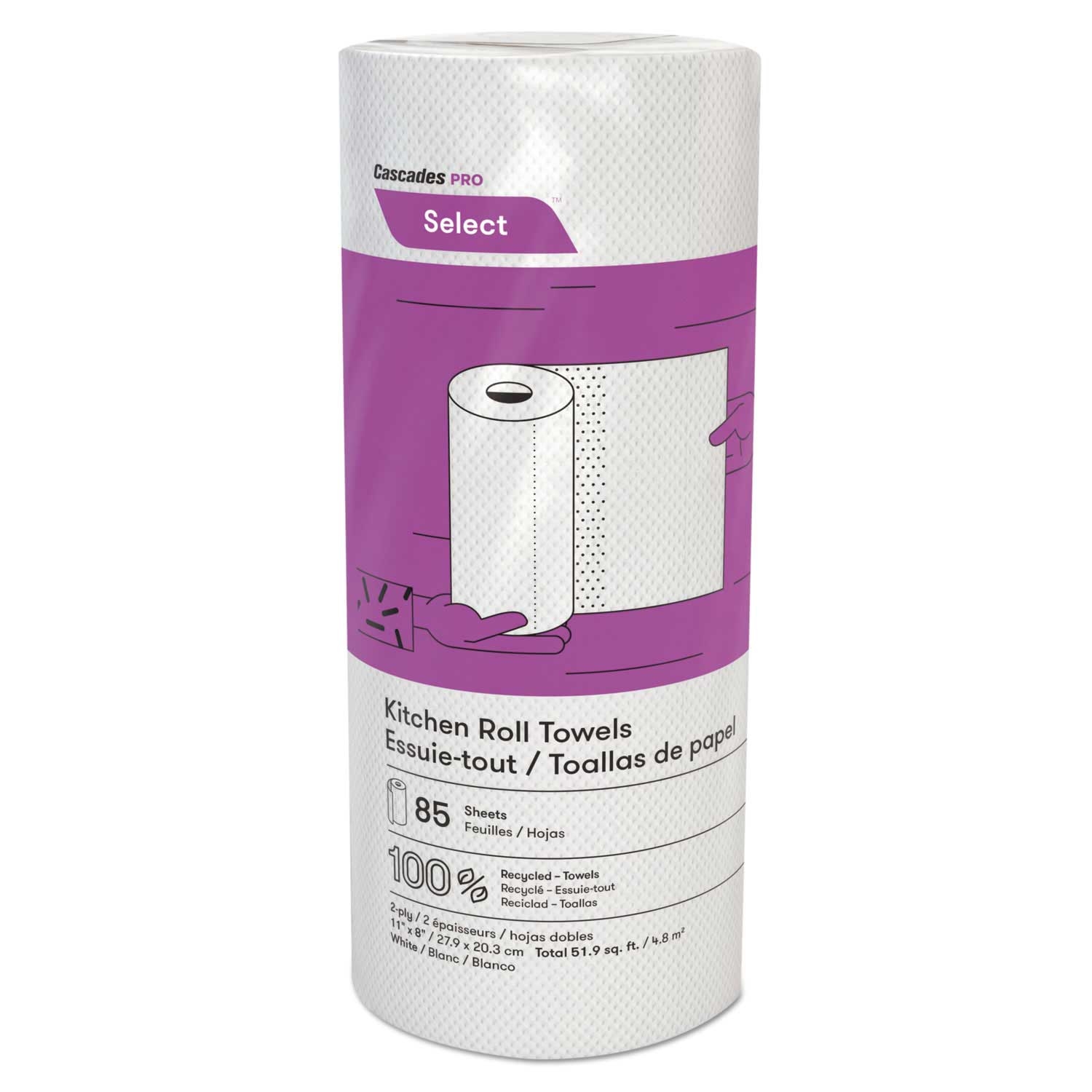 Cascades PRO Select White 2 Ply Kitchen Paper Roll Towel, 8 x 11 inch - 85 per roll -- 30 rolls per case