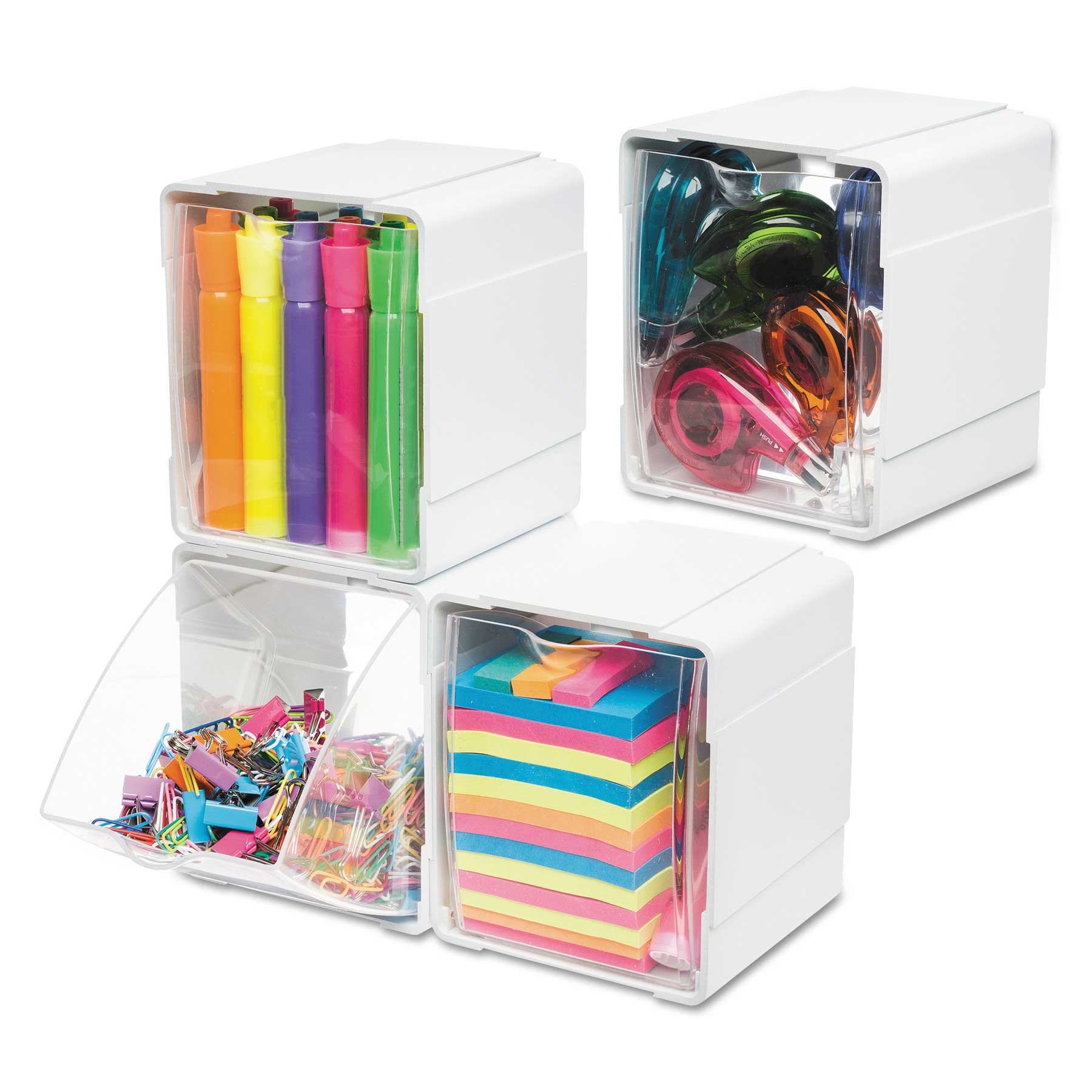 deflecto Plastic White with Clear Tilt Bin Interlocking 4 Compartment Organizer, 4 5/8 x 4 7/8 x 5 1/2 inch -- 1 set