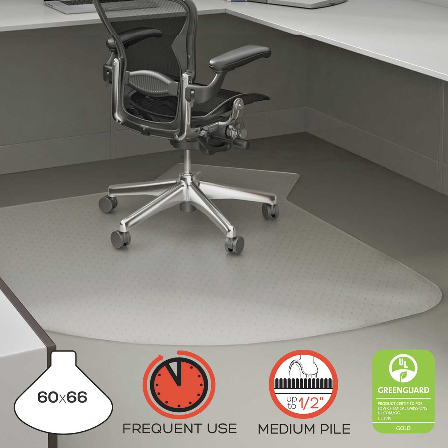 deflecto SuperMat Clear L Shape Frequent Use Chair Mat, 60 x 66 inch
