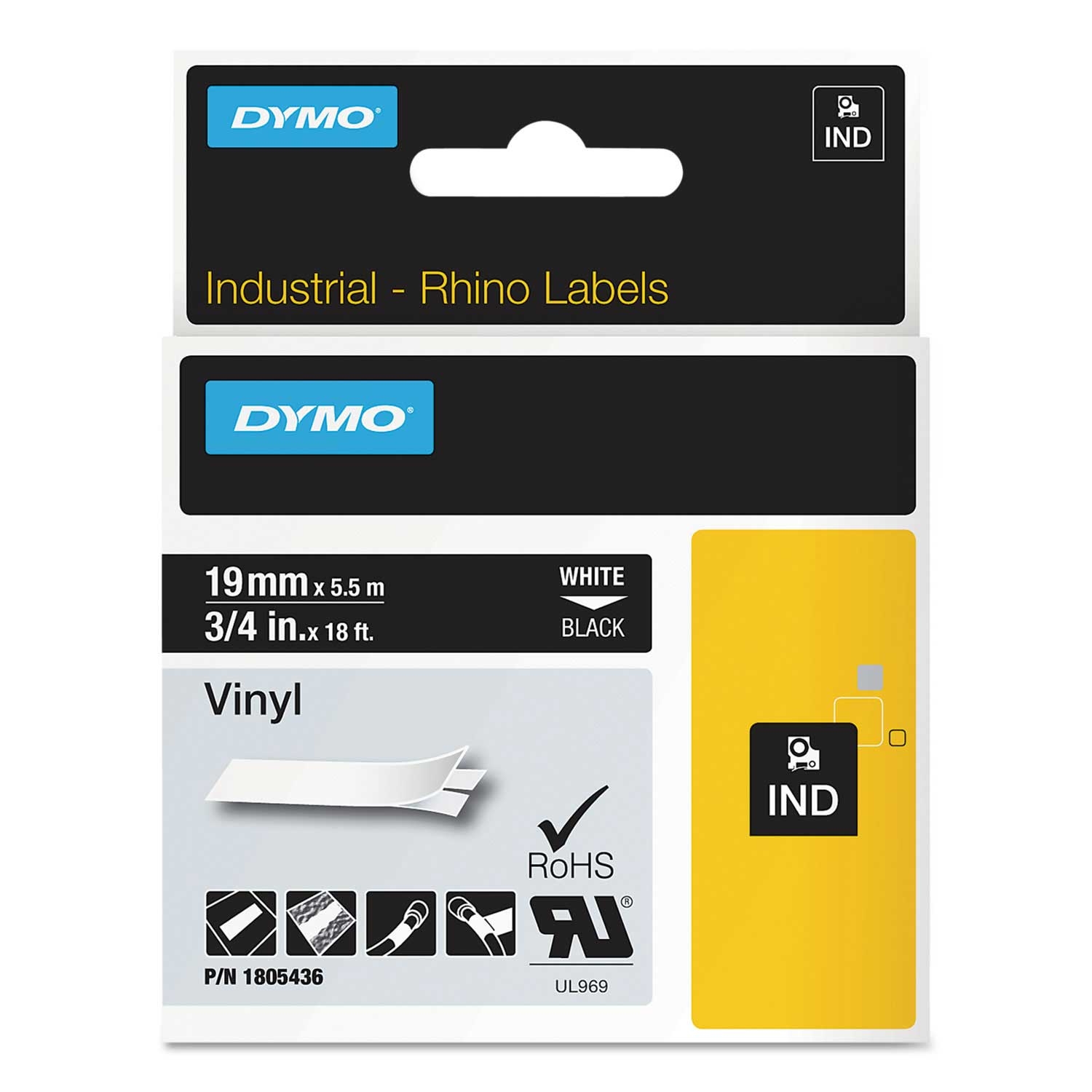 DYMO Black/White Print Rhino Permanent Vinyl Industrial Label Tape, 0.75 x 18 Feet