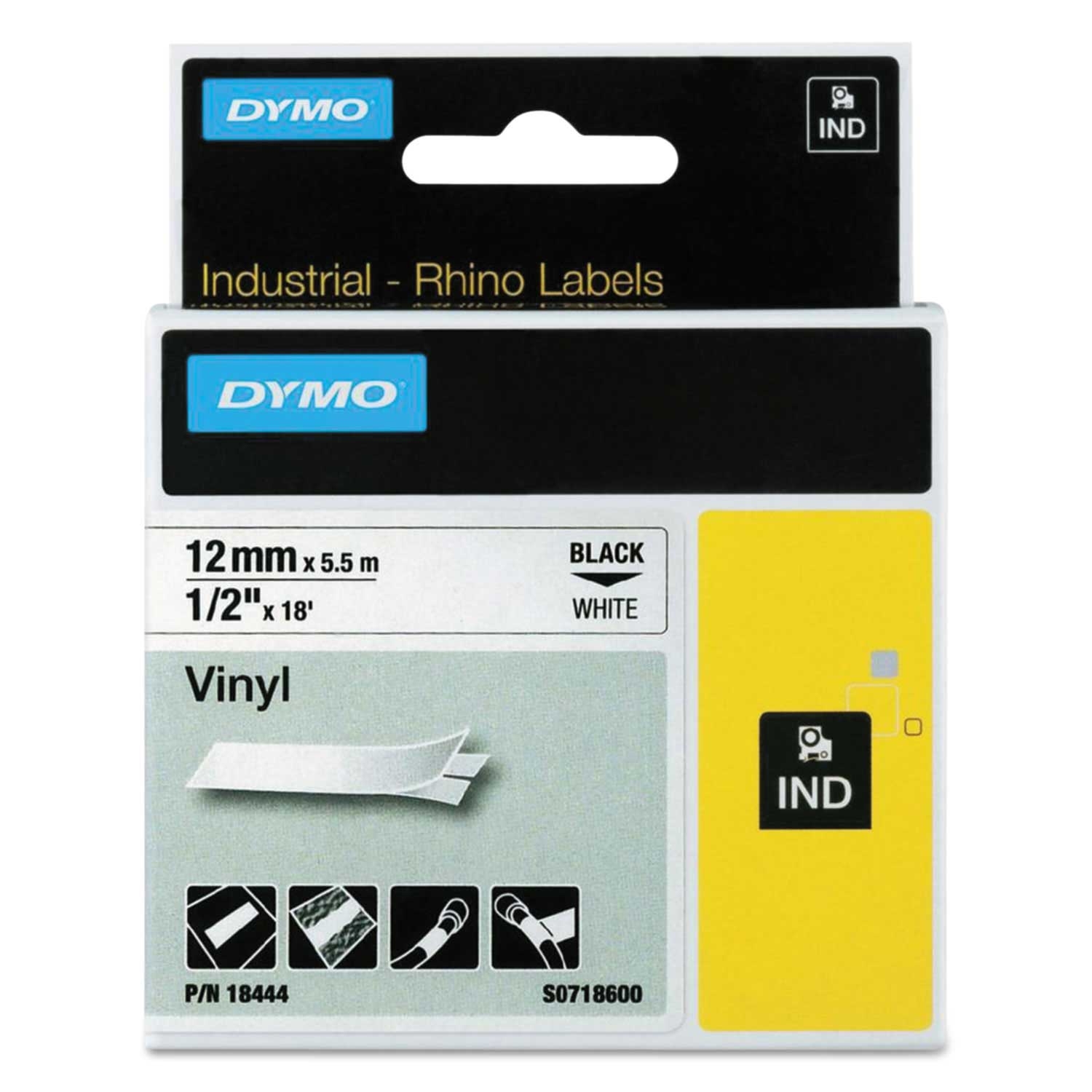 DYMO White/Black Print Rhino Permanent Vinyl Industrial Label Tape, 0.5 x 18 Feet