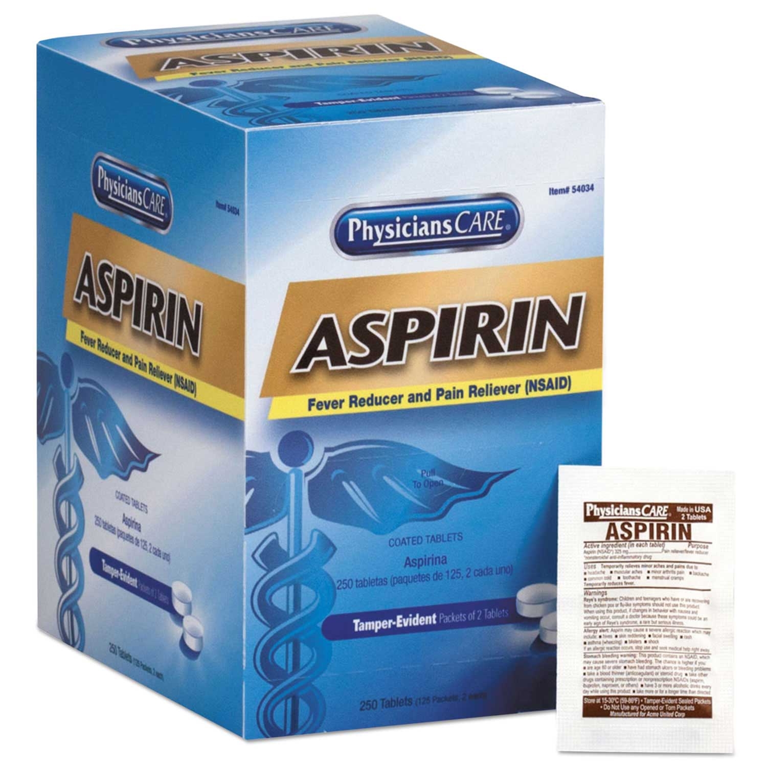 PhysiciansCare Aspirin Tablets - 250 doses per box -- 1 box per case