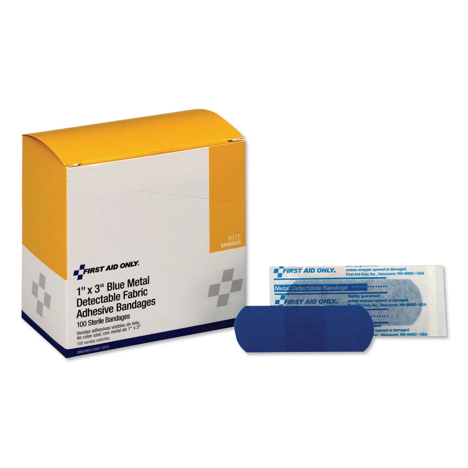 First Aid Only Adhesive Blue Metal Detectable Bandage, 1 x 3 inch - 100 per box -- 12 boxes per case
