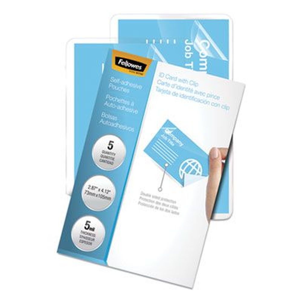 Fellowes Gloss Clear 5 Mil Self-Adhesive Laminating Pouch, 3.88 x 2.38 inch -- 5 per pack