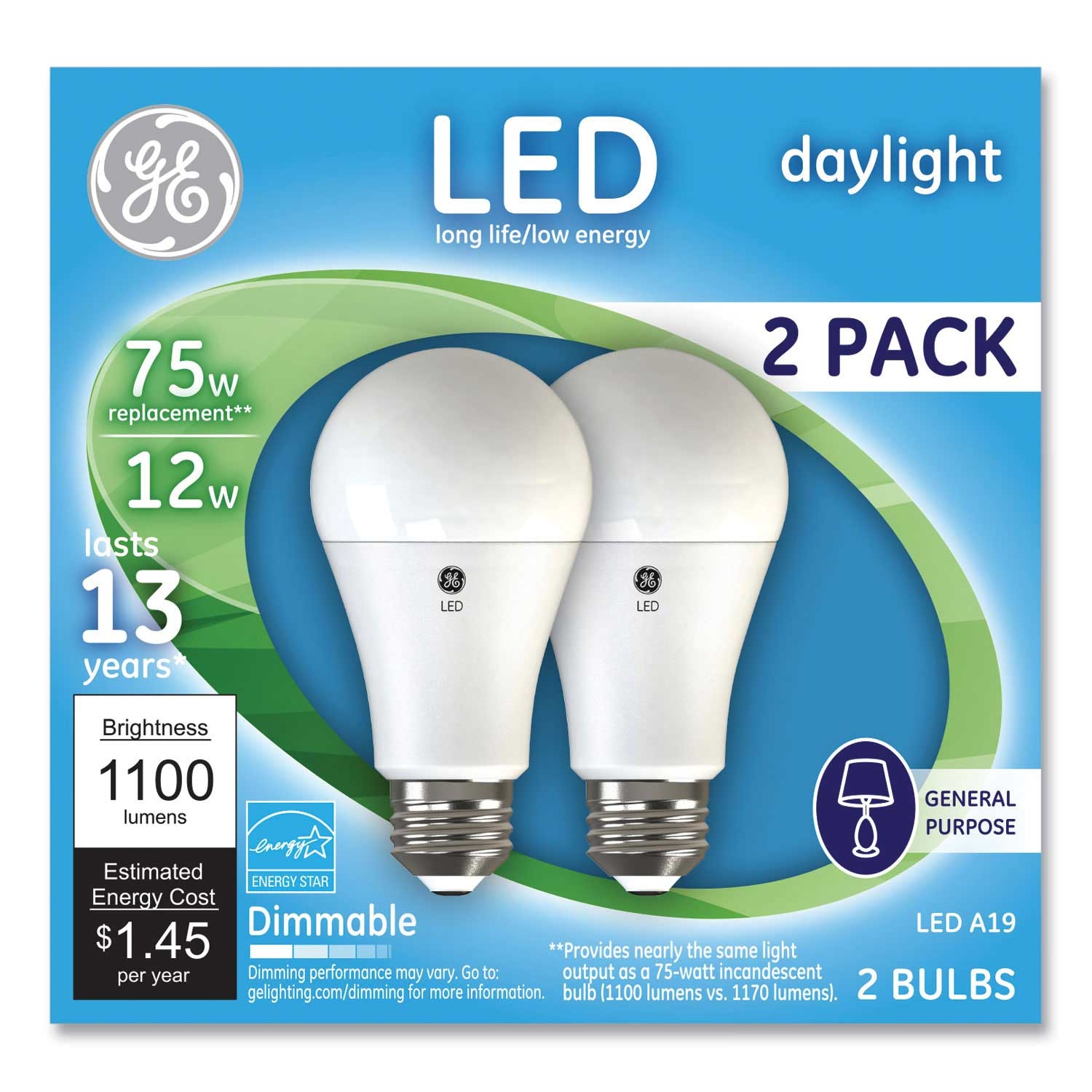 GE A19 Daylight LED Bulb, 12 Watts - 2 count per pack -- 1 pack