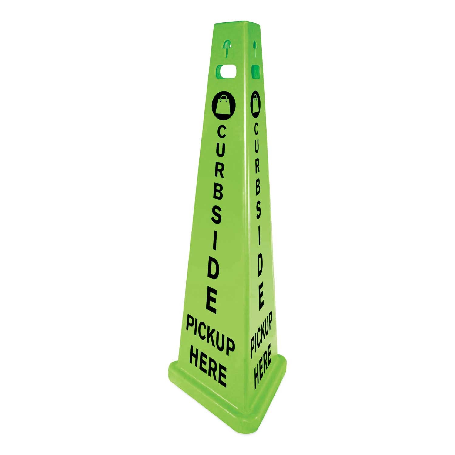 Impact Fluorescent Green Plastic TriVu 3-Sided Curbside Pickup Here Sign, 14.75 x 12.7 x 40 inch