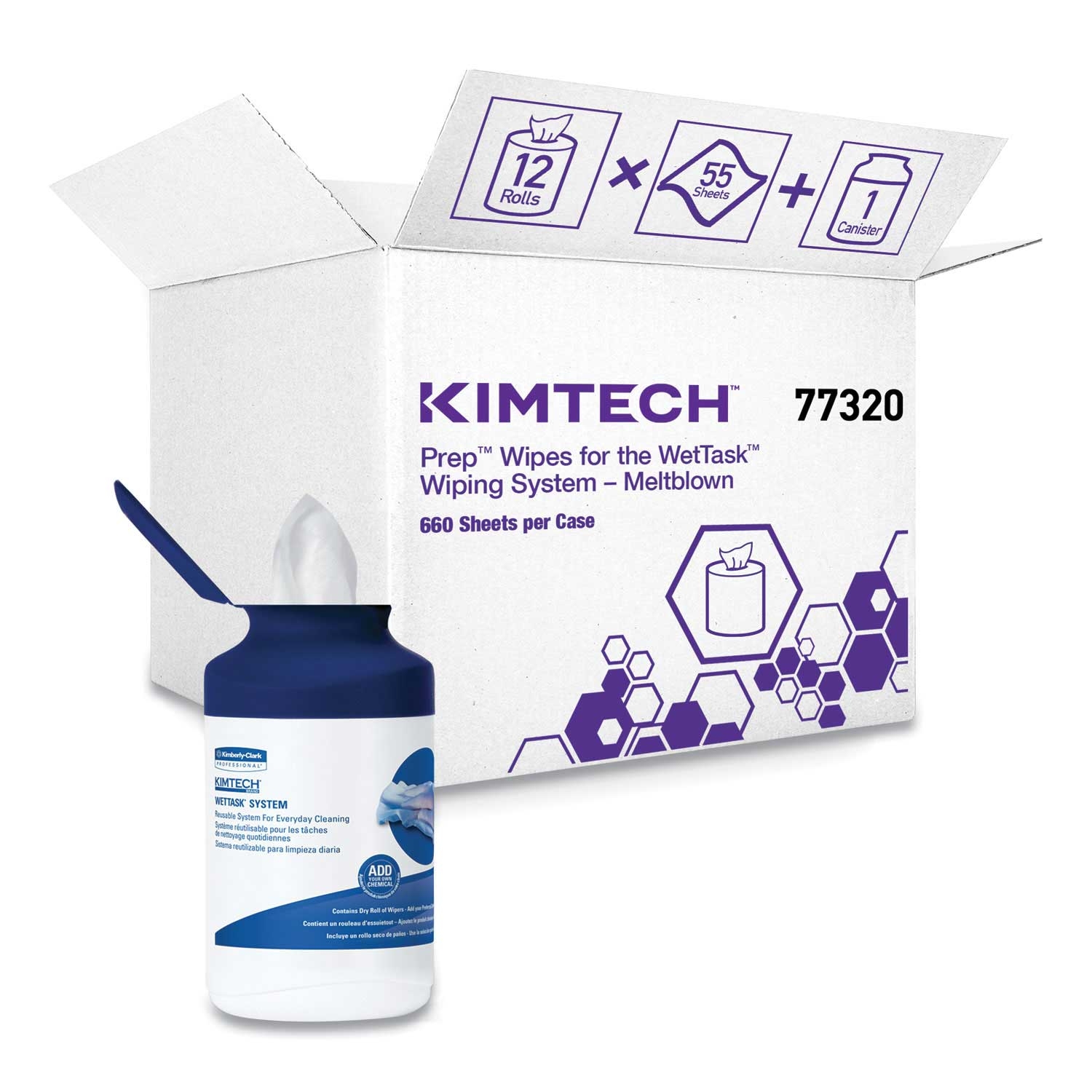 Kimtech Wettask System Prep Wipers for Bleach/Disinfectants/Sanitizers Hygienic Enclosed System Refills with Canister - 55 per roll -- 12 rolls per case
