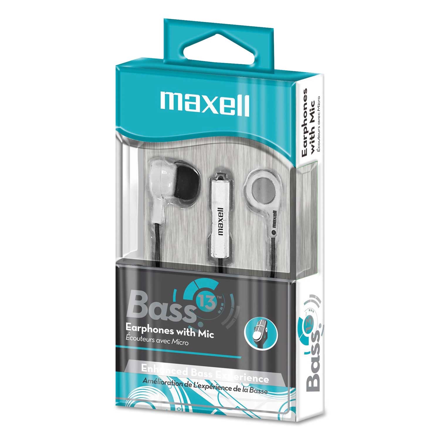 Maxell White B-13 Bass Earbuds with Microphone, 52 inch Cord Length