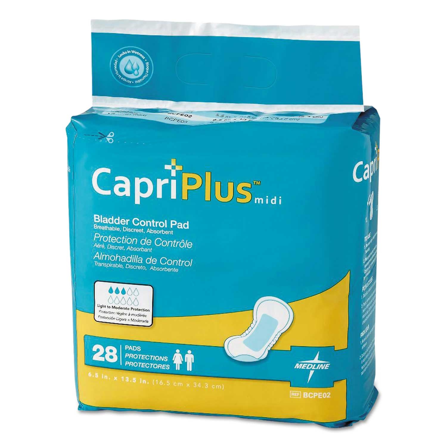 Medline Capri Plus Extra Plus White Bladder Control Pads, 6.5 x 13.5 inch - 28 per pack -- 6 packs per case